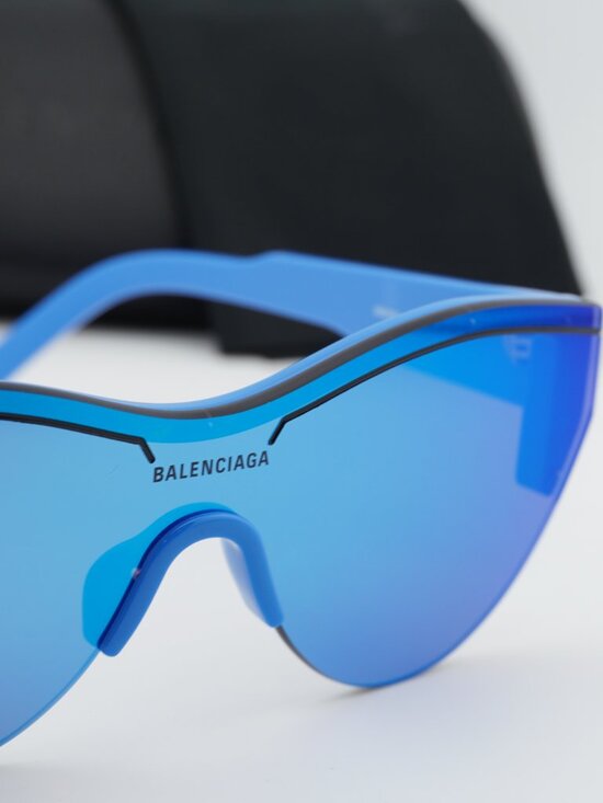 Balenciaga BB0004S 013 Shield Semi Rim Sunglasses - Blue / Blue Mirror